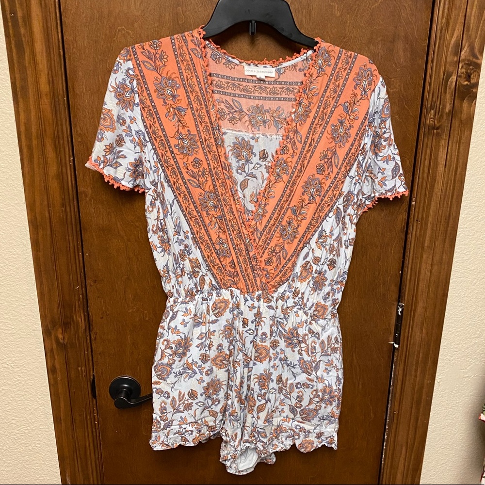 Orange and blue paisley romper